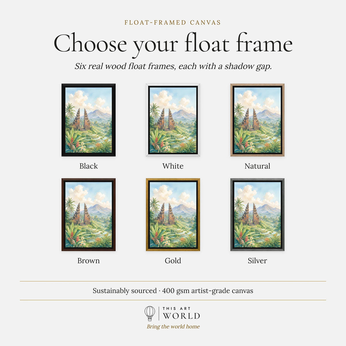 Bali temple gate and rice terraces watercolour art print, float frame colour options for the framed canvas