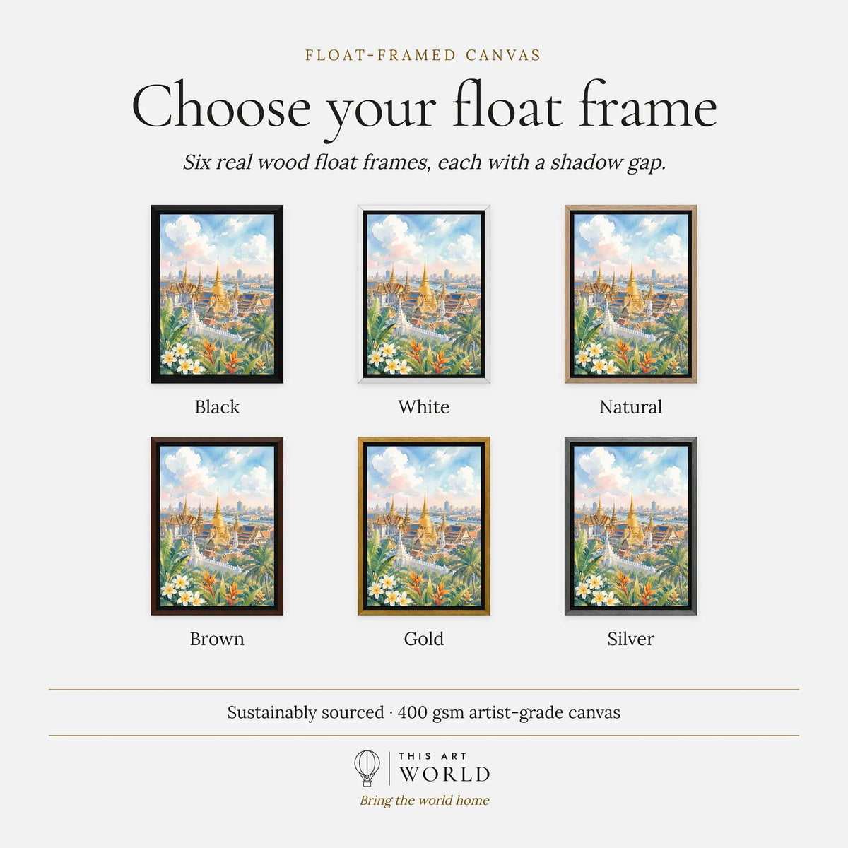 Bangkok Grand Palace golden temples watercolour art print, float frame colour options for the framed canvas