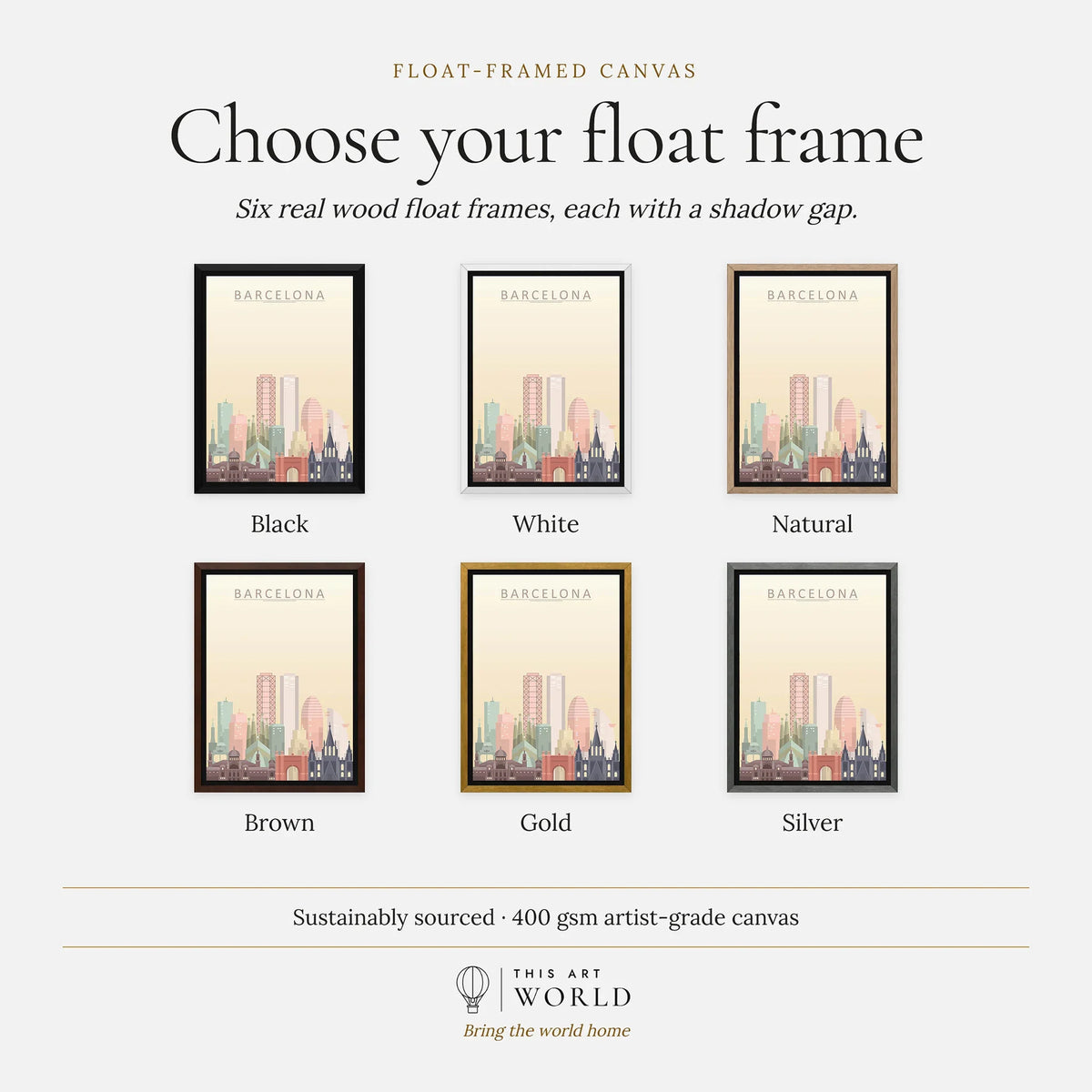 Barcelona city skyline art print, float frame colour options for the framed canvas