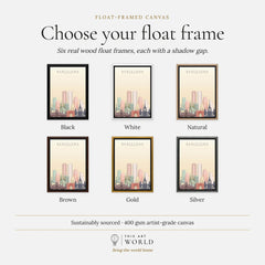 Barcelona city skyline art print, float frame colour options for the framed canvas