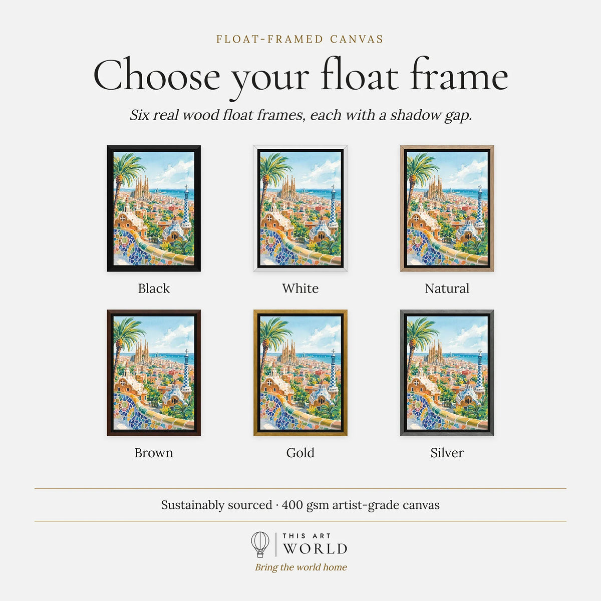 Barcelona Park Güell and Sagrada Família watercolour art print, float frame colour options for the framed canvas
