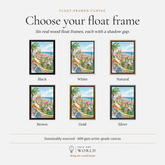 Barcelona Park Güell and Sagrada Família watercolour art print, float frame colour options for the framed canvas