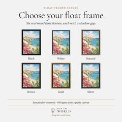 Bermuda pastel cottages and turquoise bay watercolour art print, float frame colour options for the framed canvas