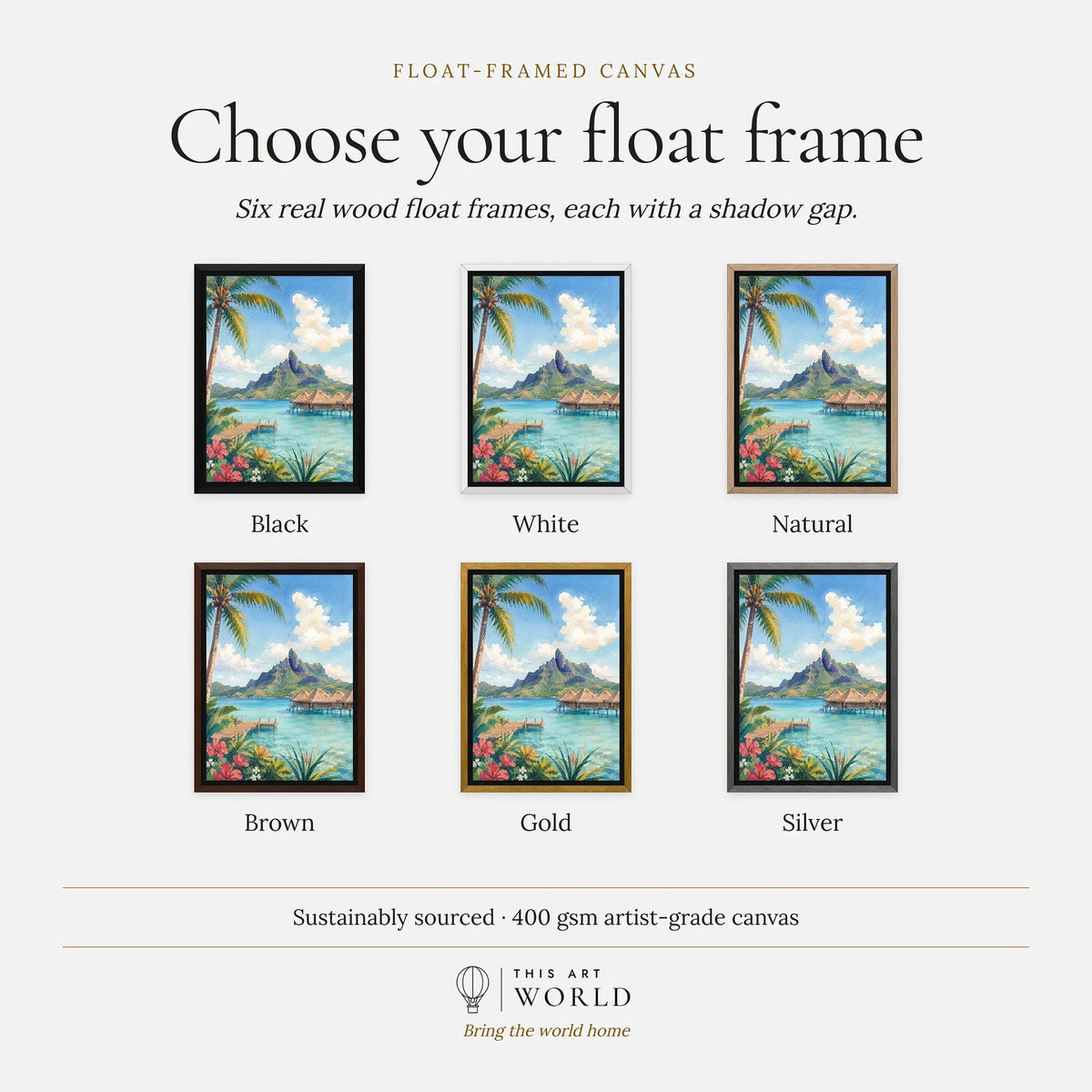 Bora Bora overwater bungalows and Mount Otemanu watercolour art print, float frame colour options for the framed canvas