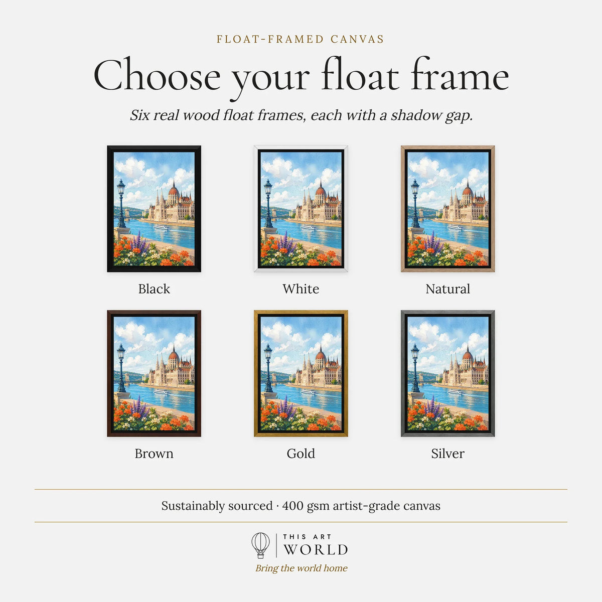 Budapest Parliament on the Danube watercolour art print, float frame colour options for the framed canvas