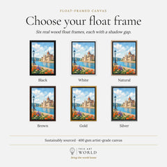 Budapest Parliament on the Danube watercolour art print, float frame colour options for the framed canvas
