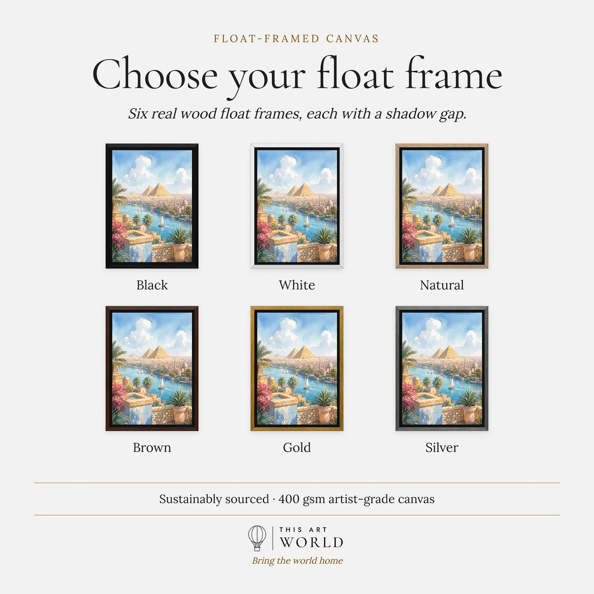 Cairo Pyramids of Giza and the Nile watercolour art print, float frame colour options for the framed canvas
