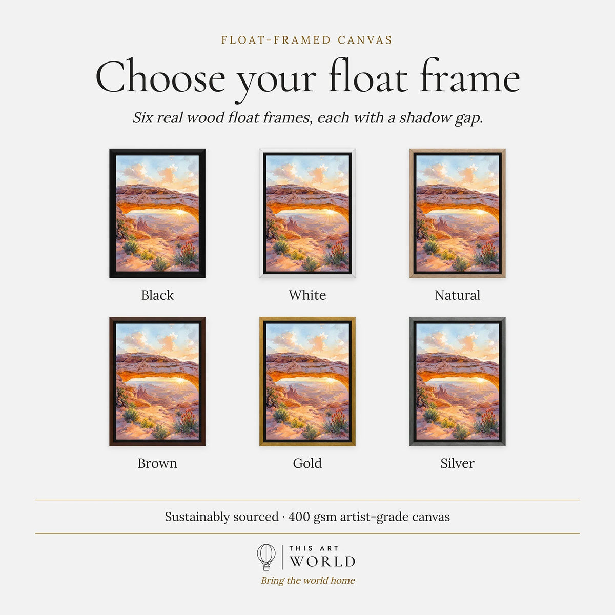 Canyonlands National Park Mesa Arch at sunrise watercolour art print, float frame colour options for the framed canvas