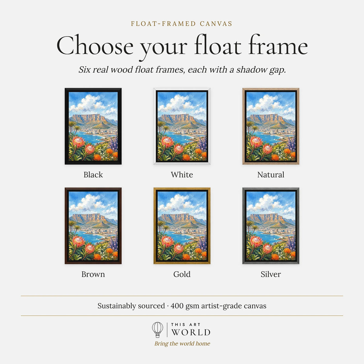 Cape Town Table Mountain bay with proteas watercolour art print, float frame colour options for the framed canvas