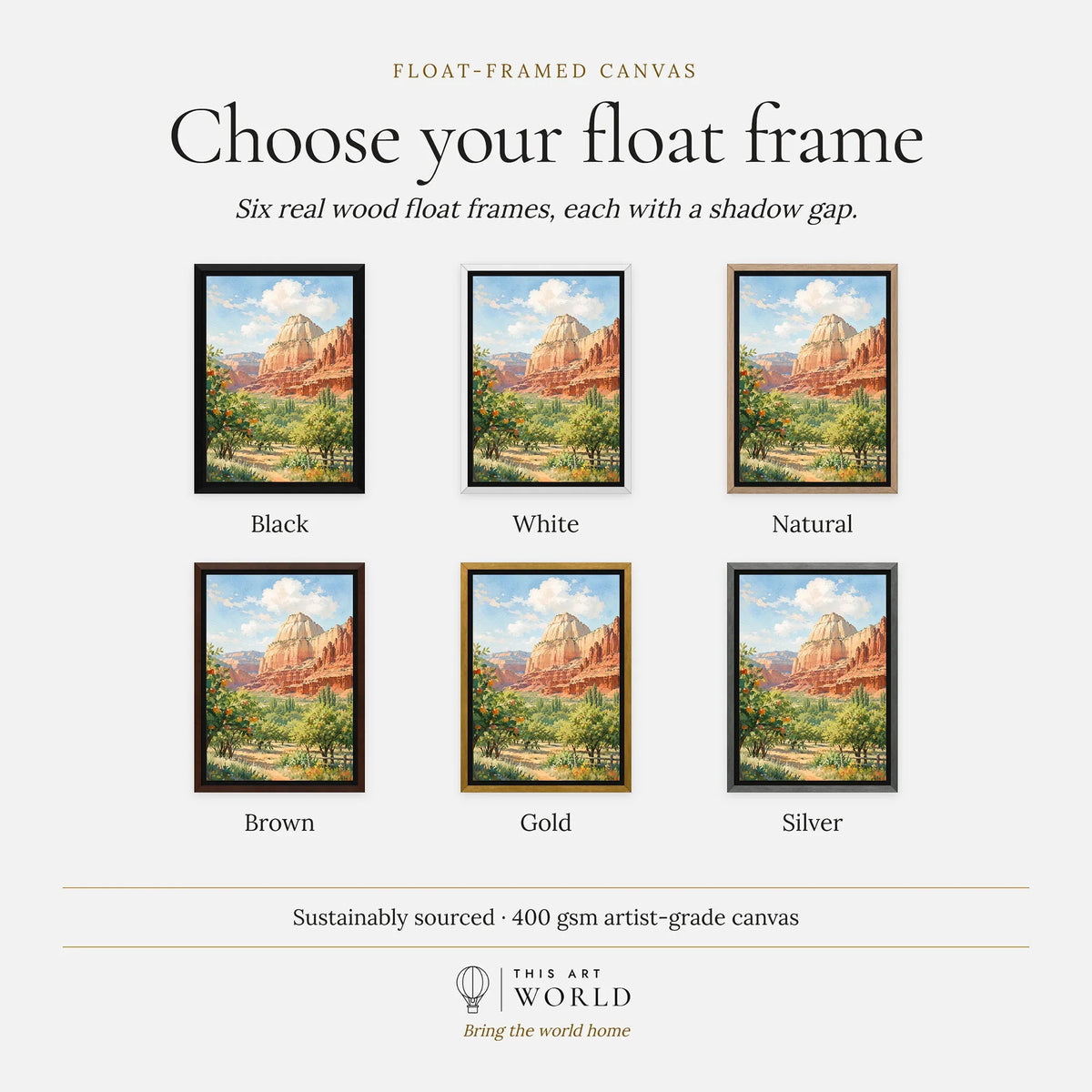 Capitol Reef National Park Fruita orchards and cliffs watercolour art print, float frame colour options for the framed canvas