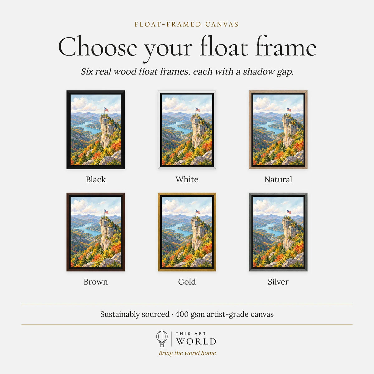 Chimney Rock State Park Chimney Rock above Lake Lure watercolour art print, float frame colour options for the framed canvas