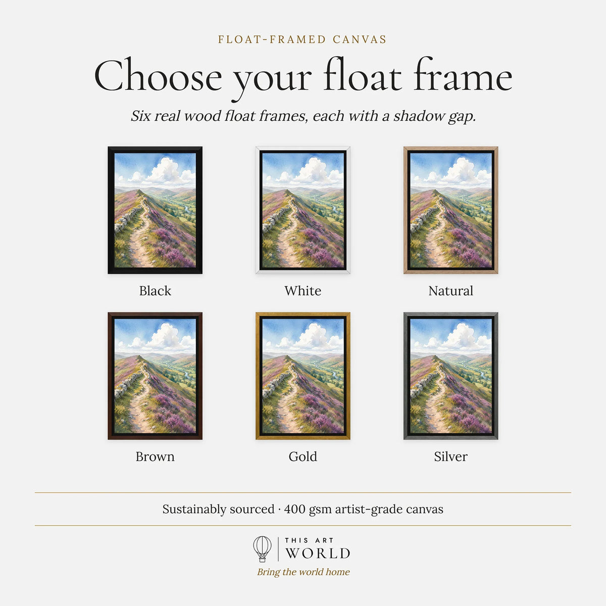 Clwydian Range heather ridge path watercolour art print, float frame colour options for the framed canvas