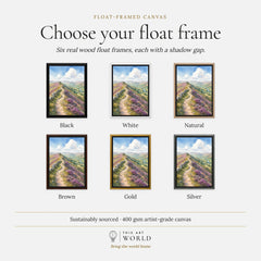 Clwydian Range heather ridge path watercolour art print, float frame colour options for the framed canvas