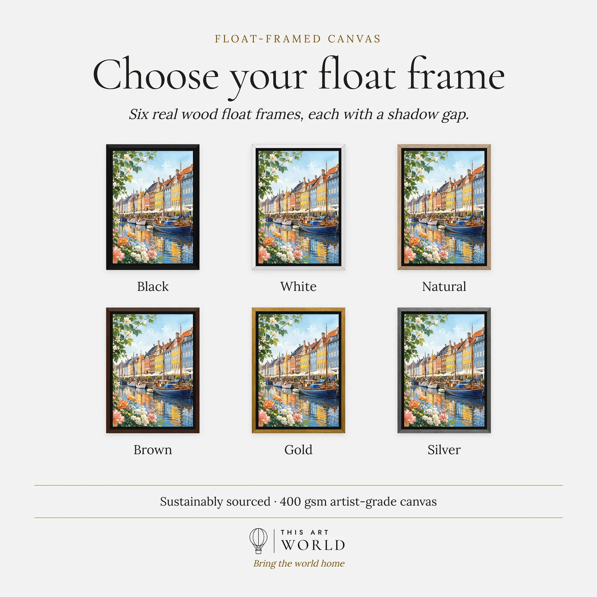 Copenhagen Nyhavn harbour houses watercolour art print, float frame colour options for the framed canvas