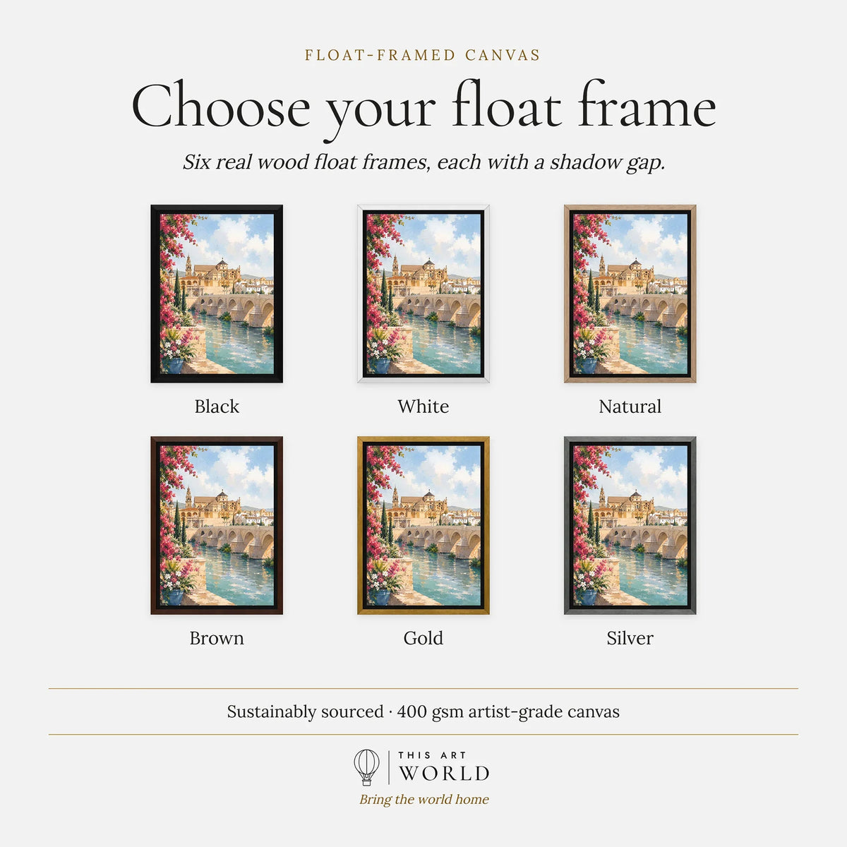 Córdoba Roman bridge and Mezquita watercolour art print, float frame colour options for the framed canvas
