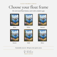 Crater Lake Wizard Island in the deep blue lake watercolour art print, float frame colour options for the framed canvas