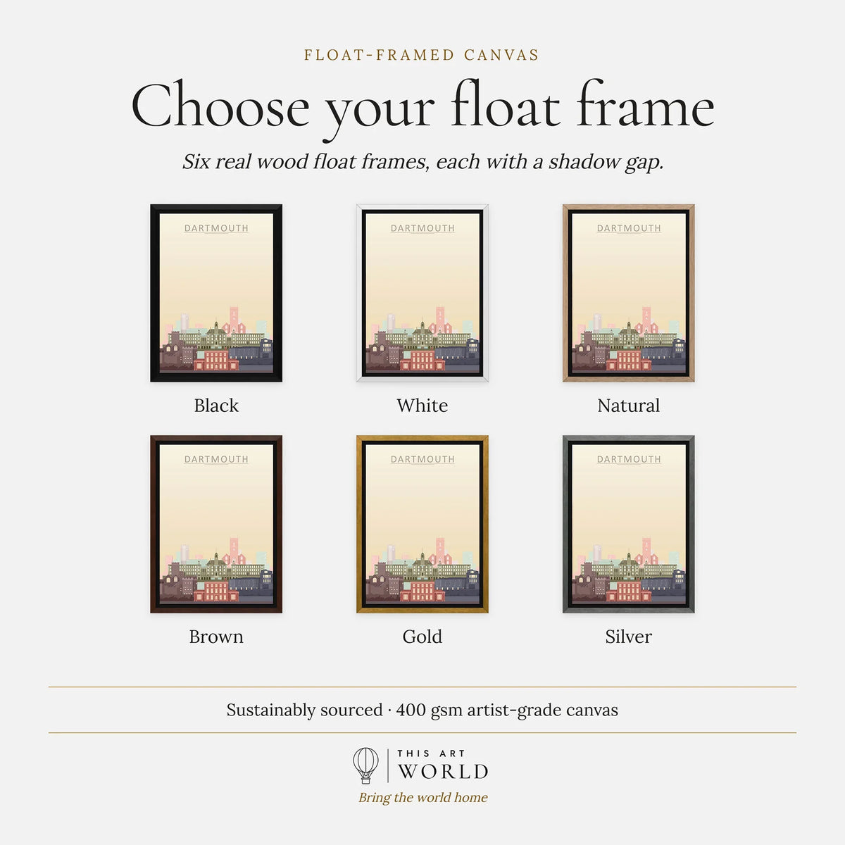 Dartmouth city skyline art print, float frame colour options for the framed canvas