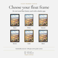 Death Valley sand dunes and golden hills watercolour art print, float frame colour options for the framed canvas