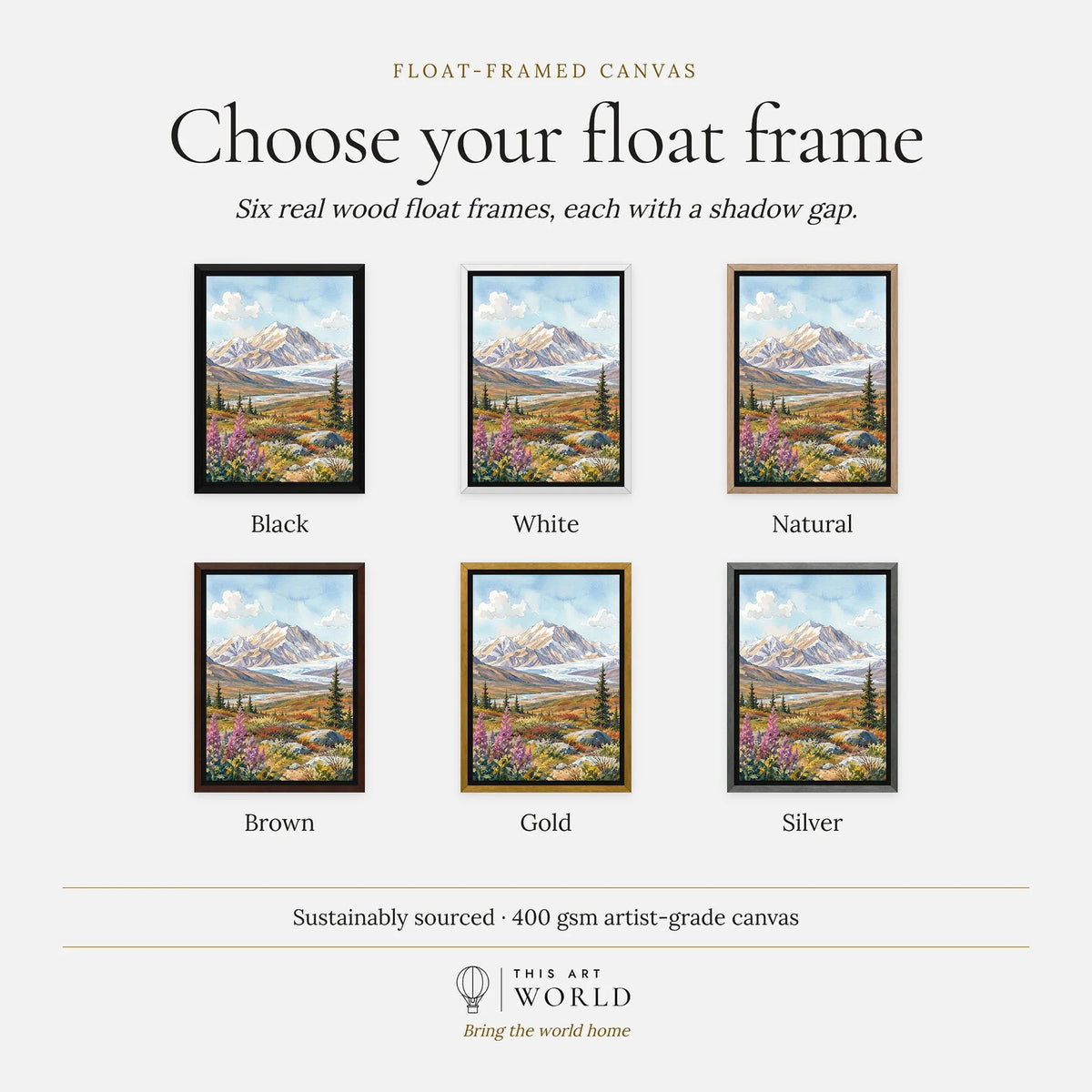 Denali National Park snow-capped Denali peak watercolour art print, float frame colour options for the framed canvas