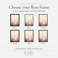 Denver city skyline art print, float frame colour options for the framed canvas