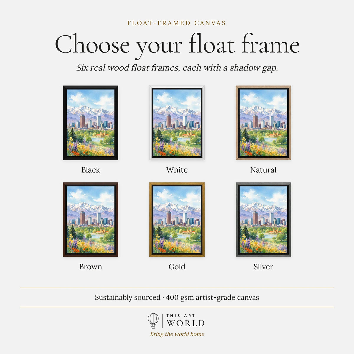Denver skyline and Rocky Mountains watercolour art print, float frame colour options for the framed canvas