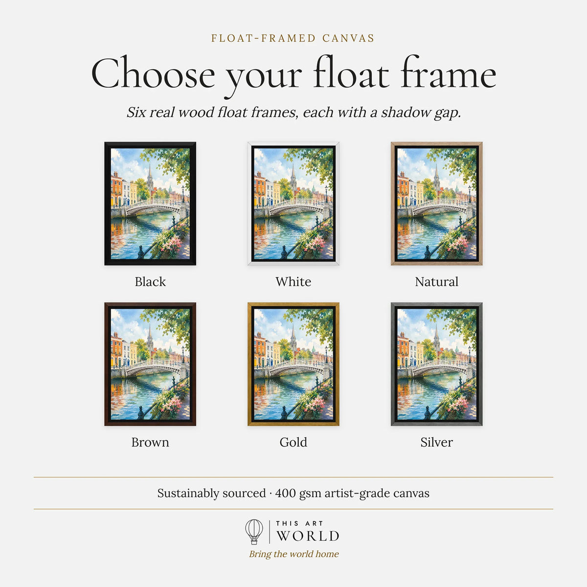 Dublin Ha'penny Bridge on the Liffey watercolour art print, float frame colour options for the framed canvas