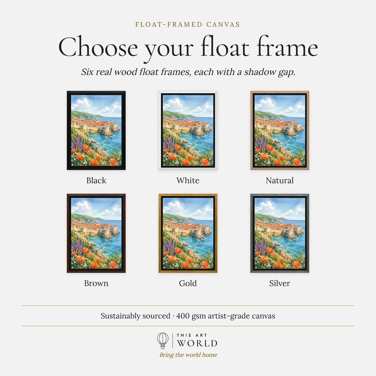 Dubrovnik old town walls and sea watercolour art print, float frame colour options for the framed canvas