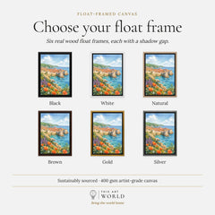 Dubrovnik old town walls and sea watercolour art print, float frame colour options for the framed canvas