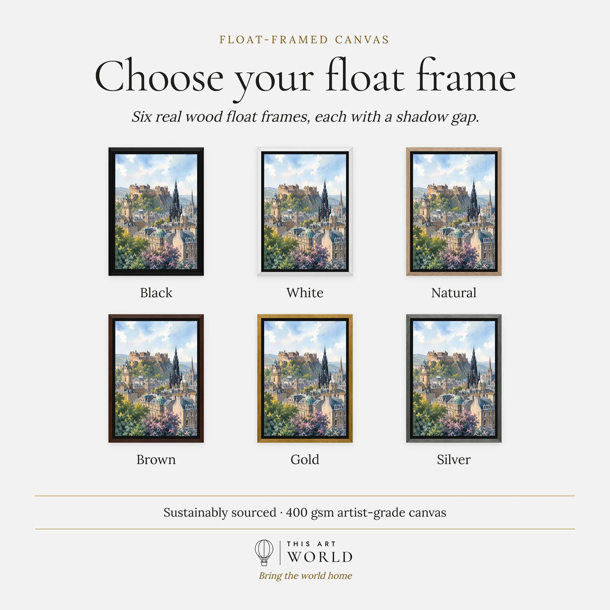 Edinburgh castle and Scott Monument watercolour art print, float frame colour options for the framed canvas