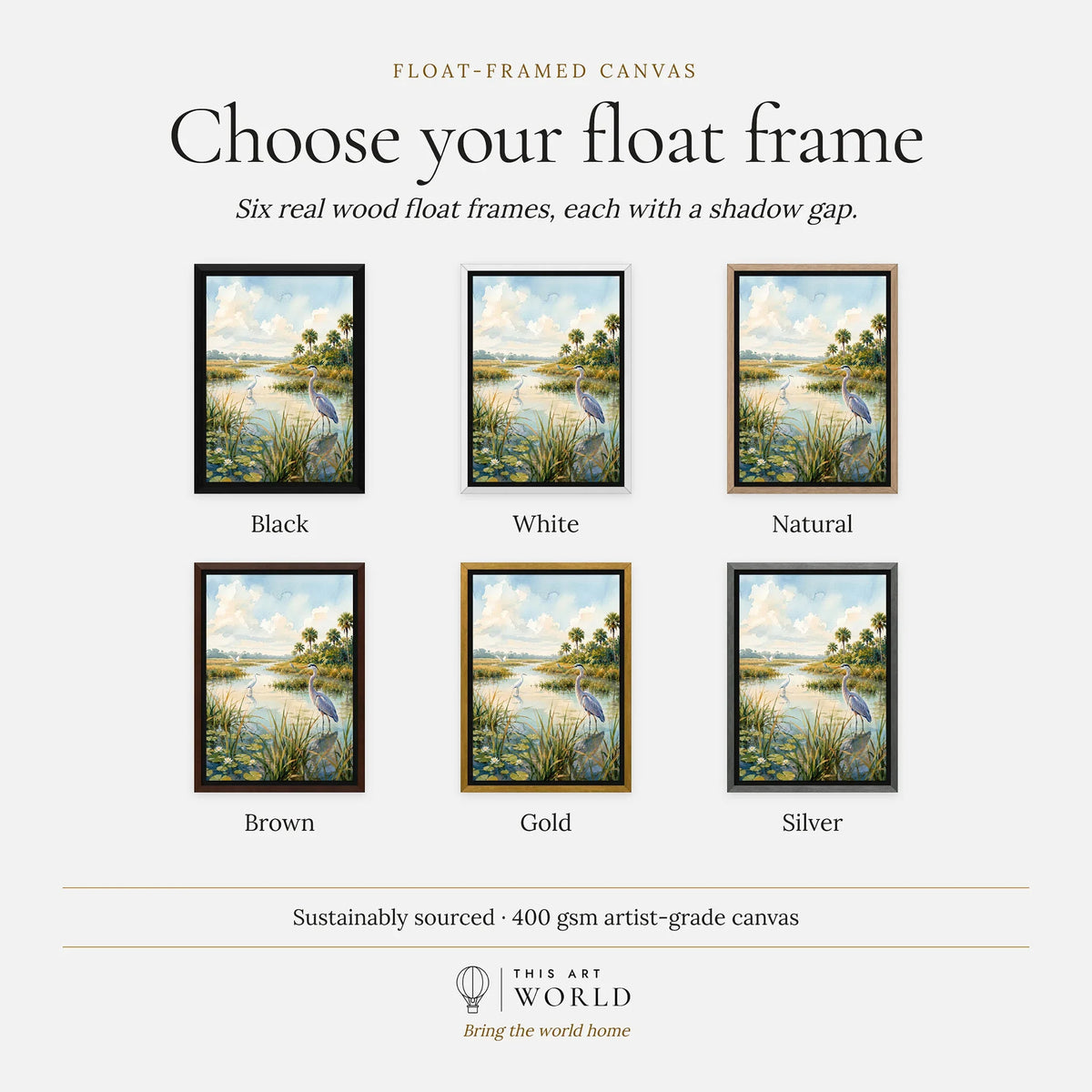 Everglades National Park herons in the wetlands watercolour art print, float frame colour options for the framed canvas
