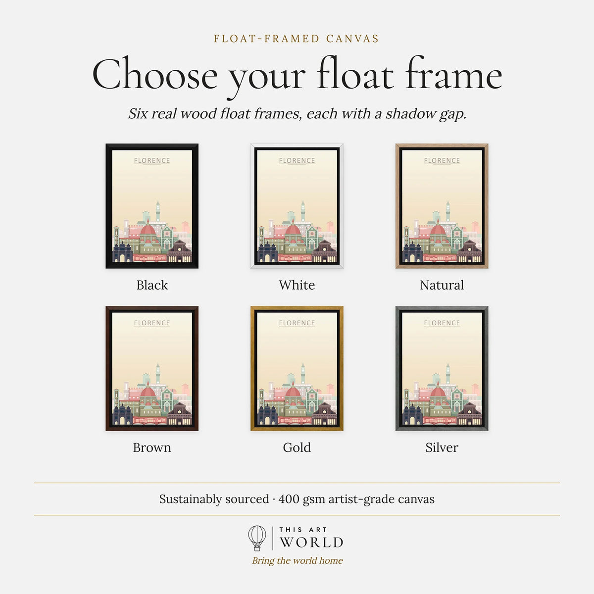 Florence city skyline art print, float frame colour options for the framed canvas