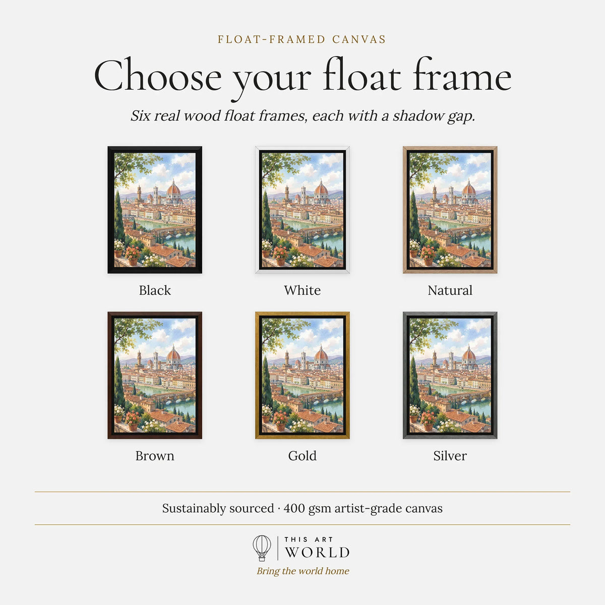 Florence Duomo and Ponte Vecchio watercolour art print, float frame colour options for the framed canvas