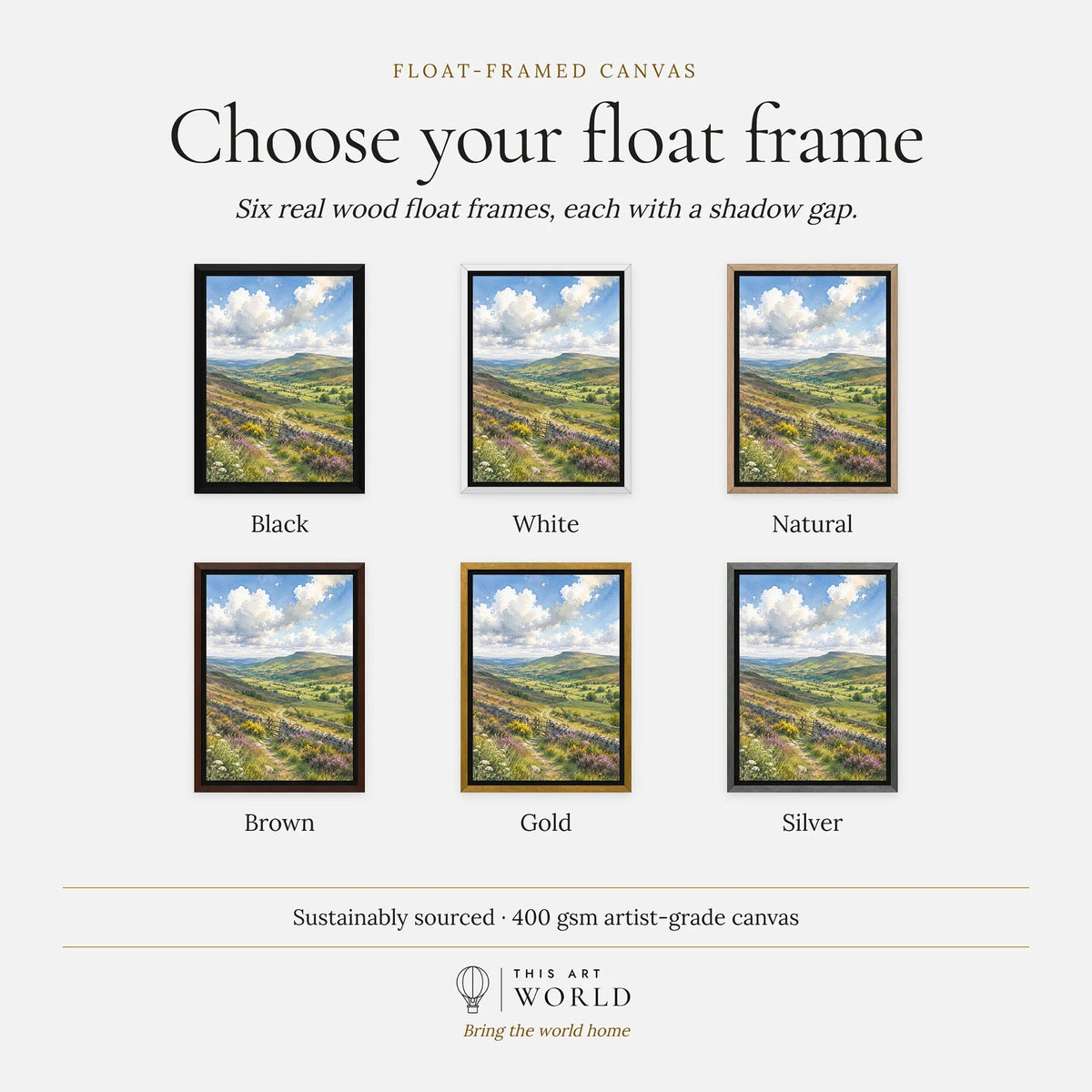 Forest of Bowland moorland valley and stone wall watercolour art print, float frame colour options for the framed canvas