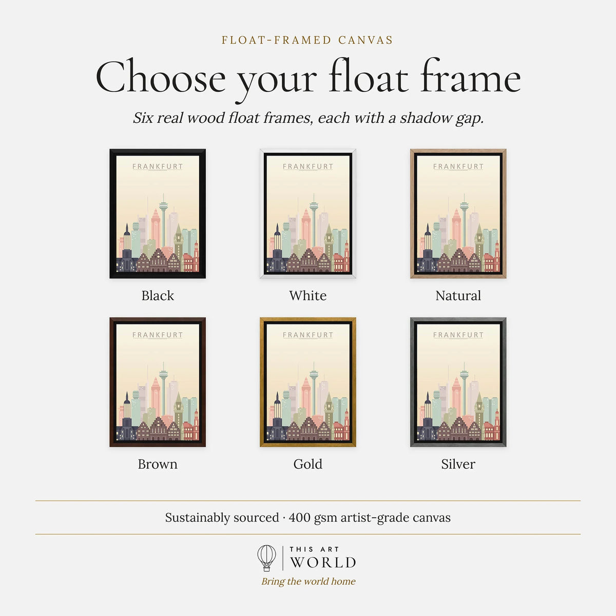 Frankfurt city skyline art print, float frame colour options for the framed canvas