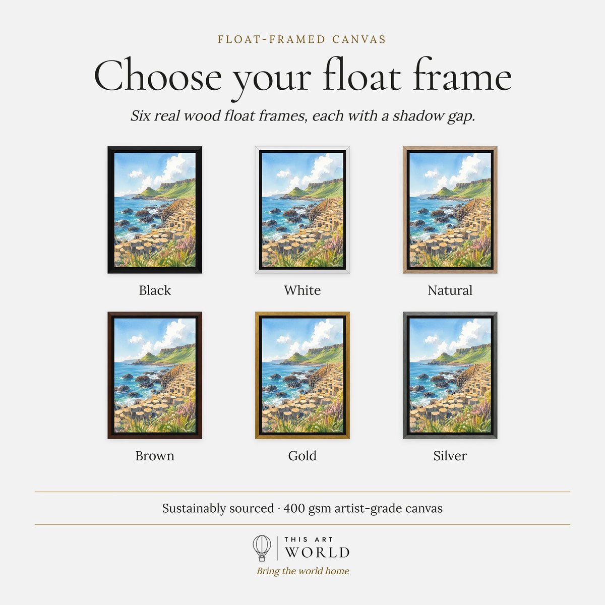 Giant's Causeway basalt columns watercolour art print, float frame colour options for the framed canvas
