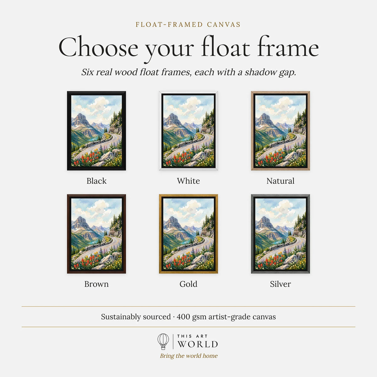 Glacier National Park Going-to-the-Sun Road watercolour art print, float frame colour options for the framed canvas