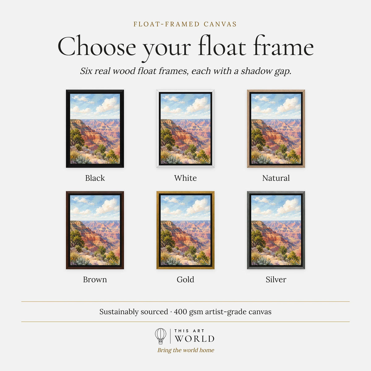 Grand Canyon National Park view from the South Rim watercolour art print, float frame colour options for the framed canvas