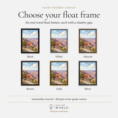Grand Canyon National Park view from the South Rim watercolour art print, float frame colour options for the framed canvas