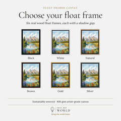 Grand Teton Teton peaks over the Snake River watercolour art print, float frame colour options for the framed canvas