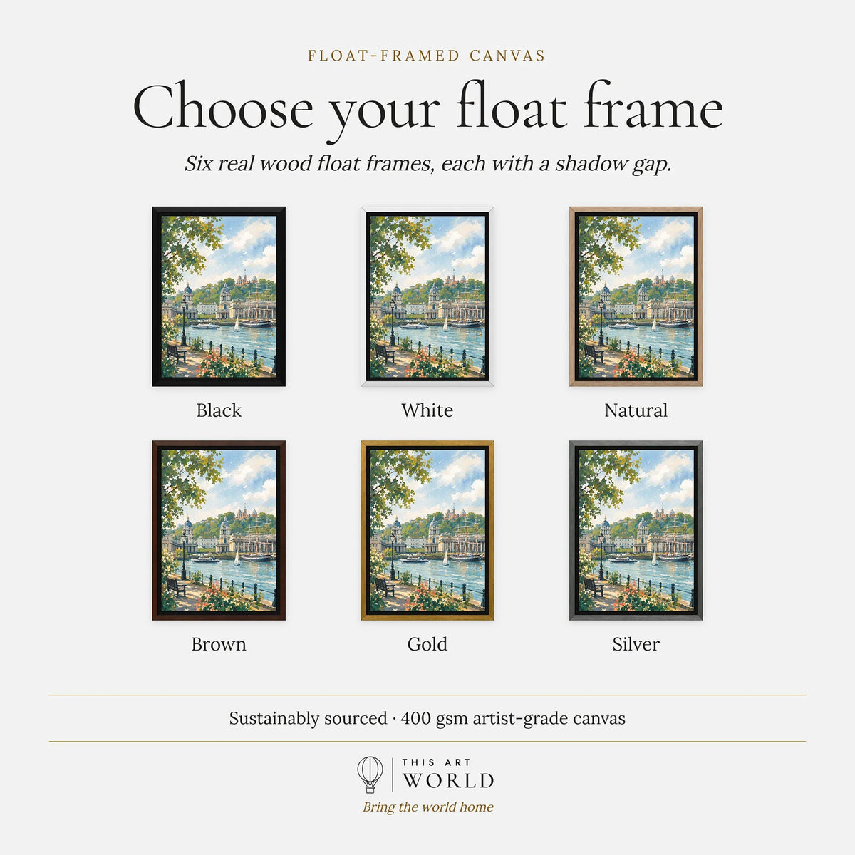 Greenwich Old Royal Naval College and Thames watercolour art print, float frame colour options for the framed canvas