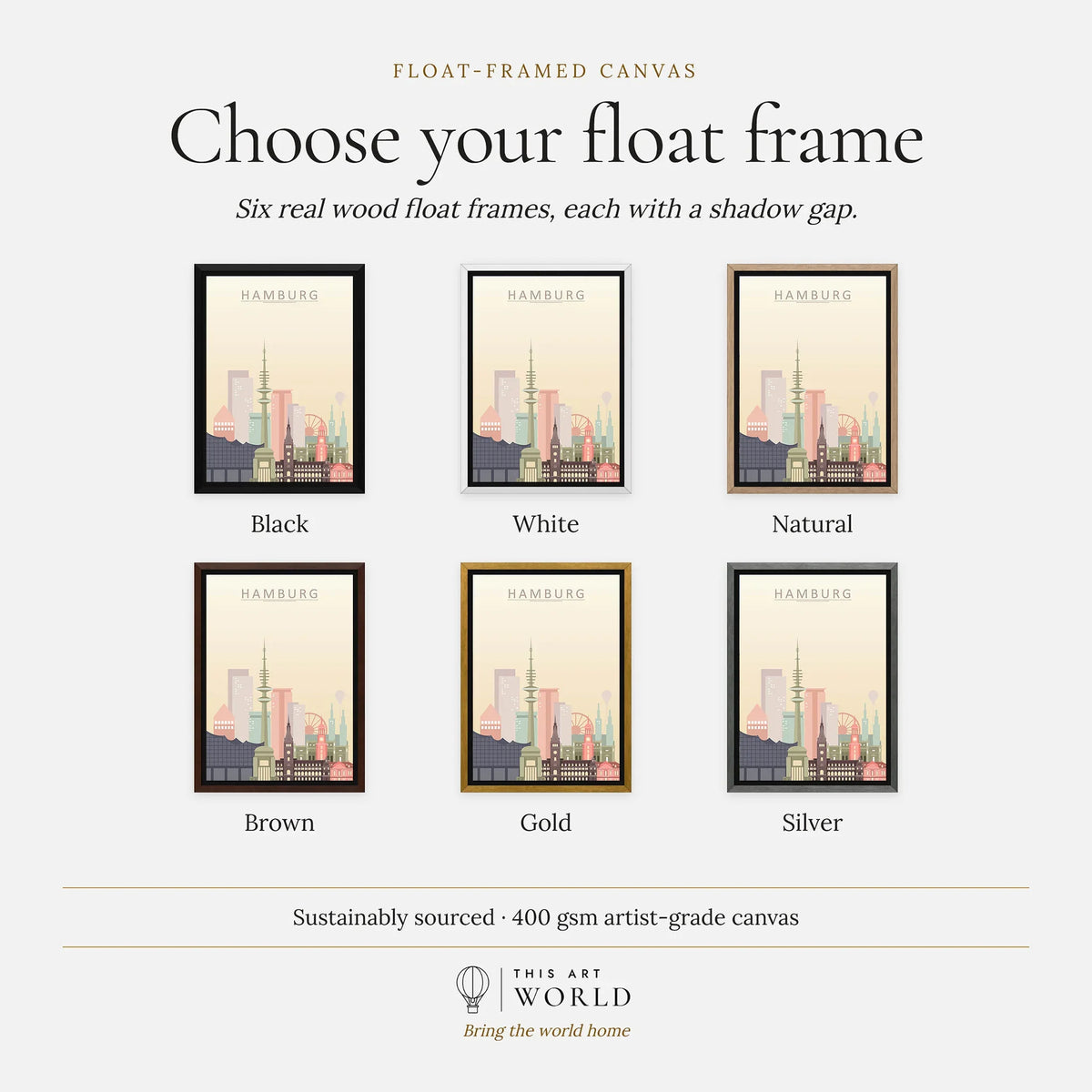 Hamburg city skyline art print, float frame colour options for the framed canvas