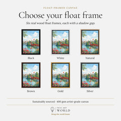 Hanoi red Huc Bridge on Hoan Kiem Lake watercolour art print, float frame colour options for the framed canvas