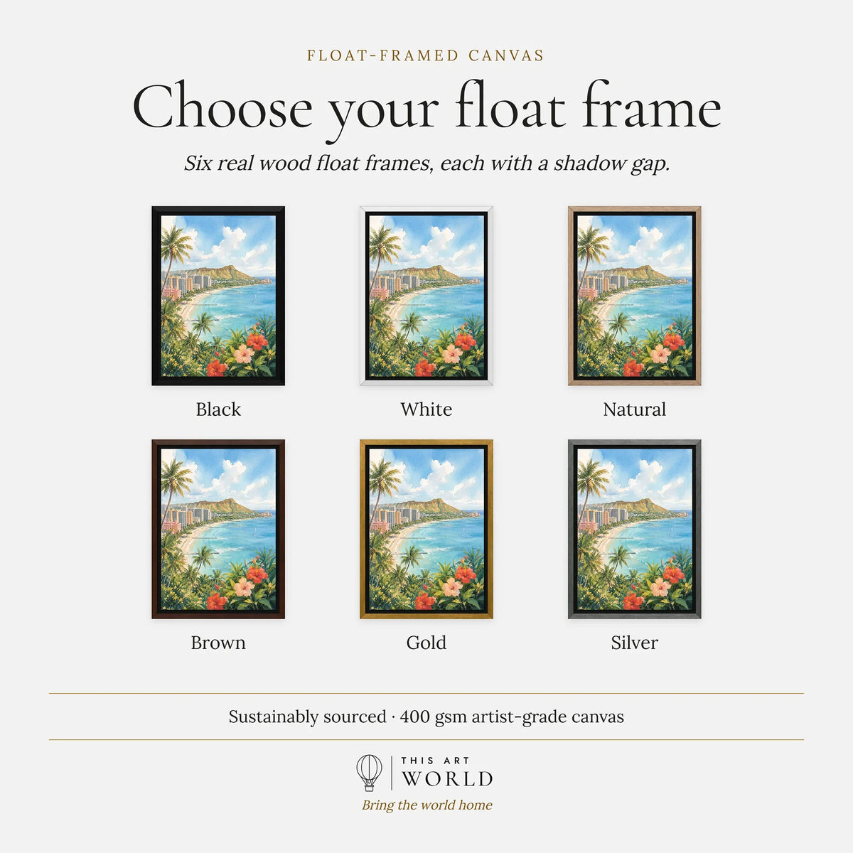 Honolulu Waikiki Beach and Diamond Head watercolour art print, float frame colour options for the framed canvas