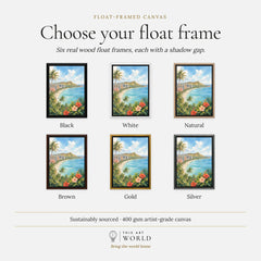 Honolulu Waikiki Beach and Diamond Head watercolour art print, float frame colour options for the framed canvas