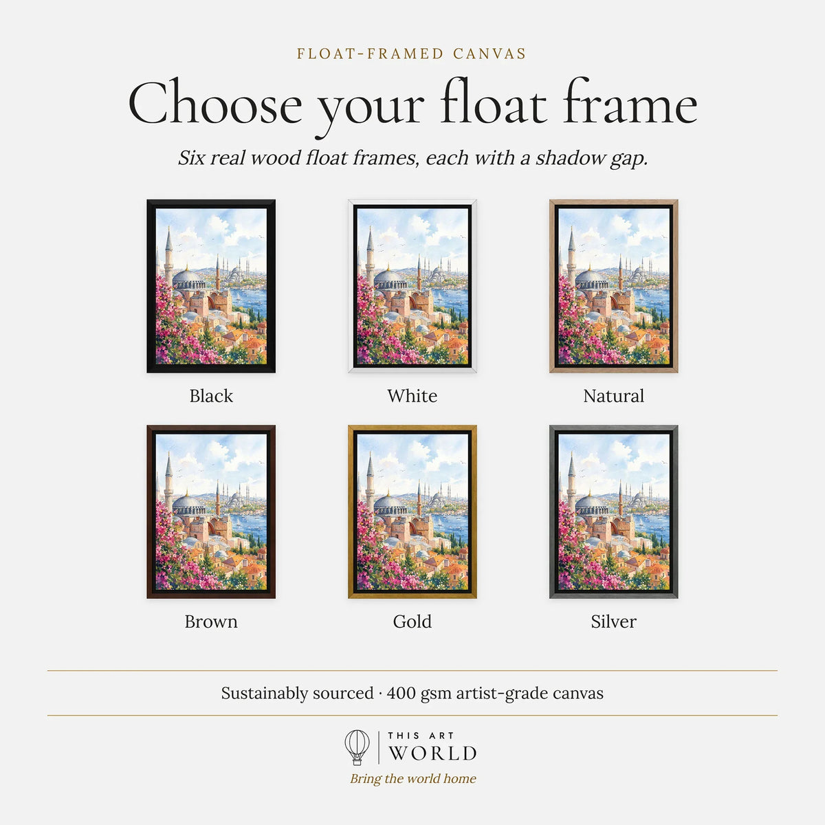 Istanbul Hagia Sophia and Blue Mosque watercolour art print, float frame colour options for the framed canvas