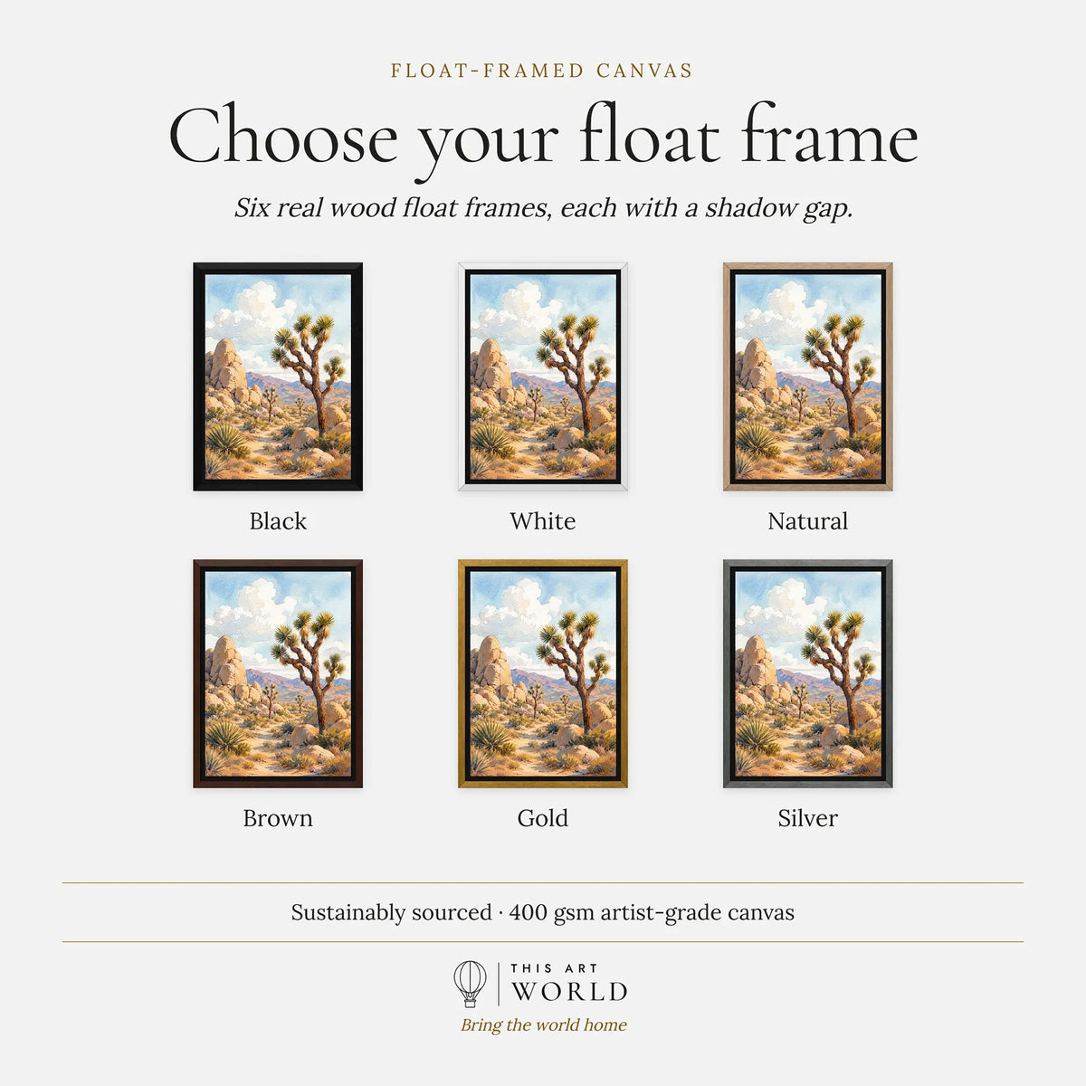 Joshua Tree Joshua trees and granite boulders watercolour art print, float frame colour options for the framed canvas