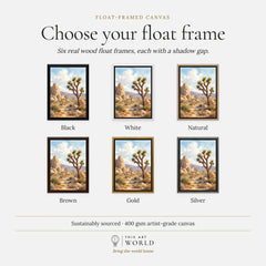 Joshua Tree Joshua trees and granite boulders watercolour art print, float frame colour options for the framed canvas