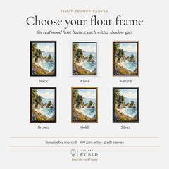 Julia Pfeiffer Burns State Park McWay Falls and cove watercolour art print, float frame colour options for the framed canvas