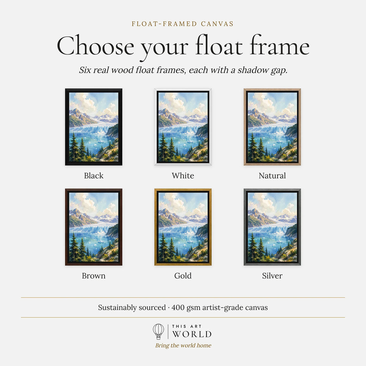 Kenai Fjords tidewater glacier and fjord watercolour art print, float frame colour options for the framed canvas