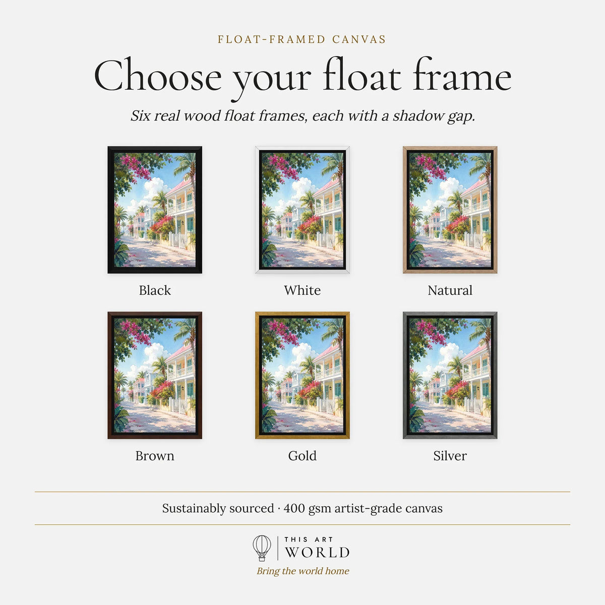 Key West pastel conch houses watercolour art print, float frame colour options for the framed canvas